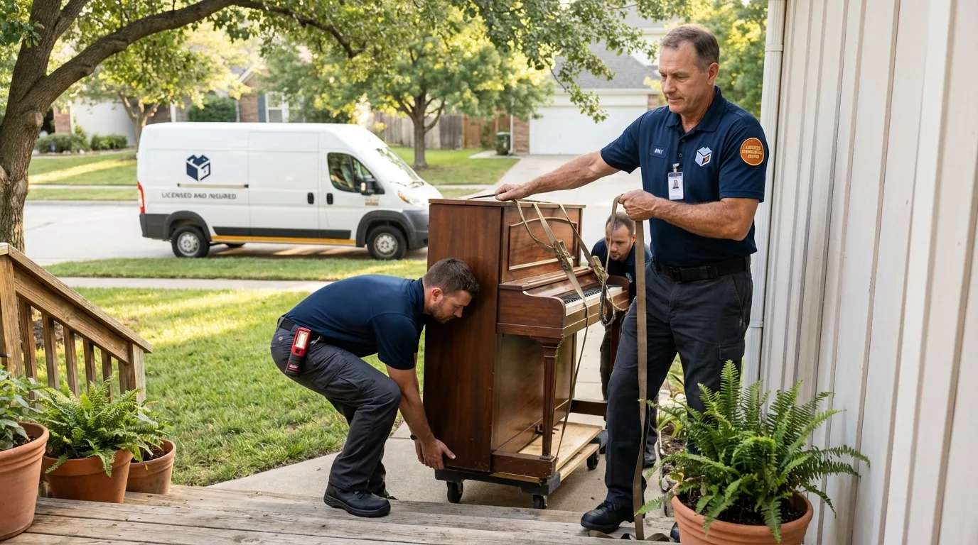 Licensed piano movers securing grand piano in Murdo, SD