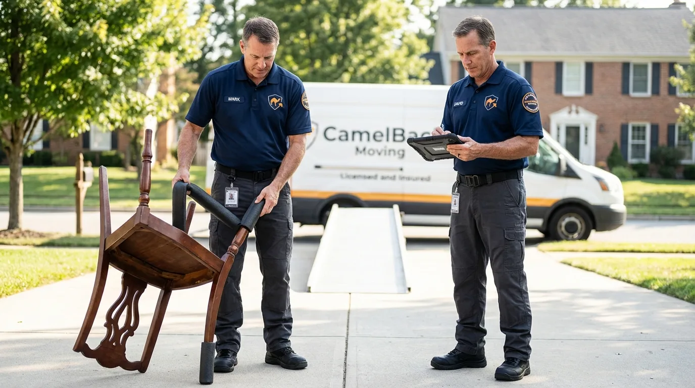 Movers inspecting furniture for damage prevention before loading in Murdo, SD